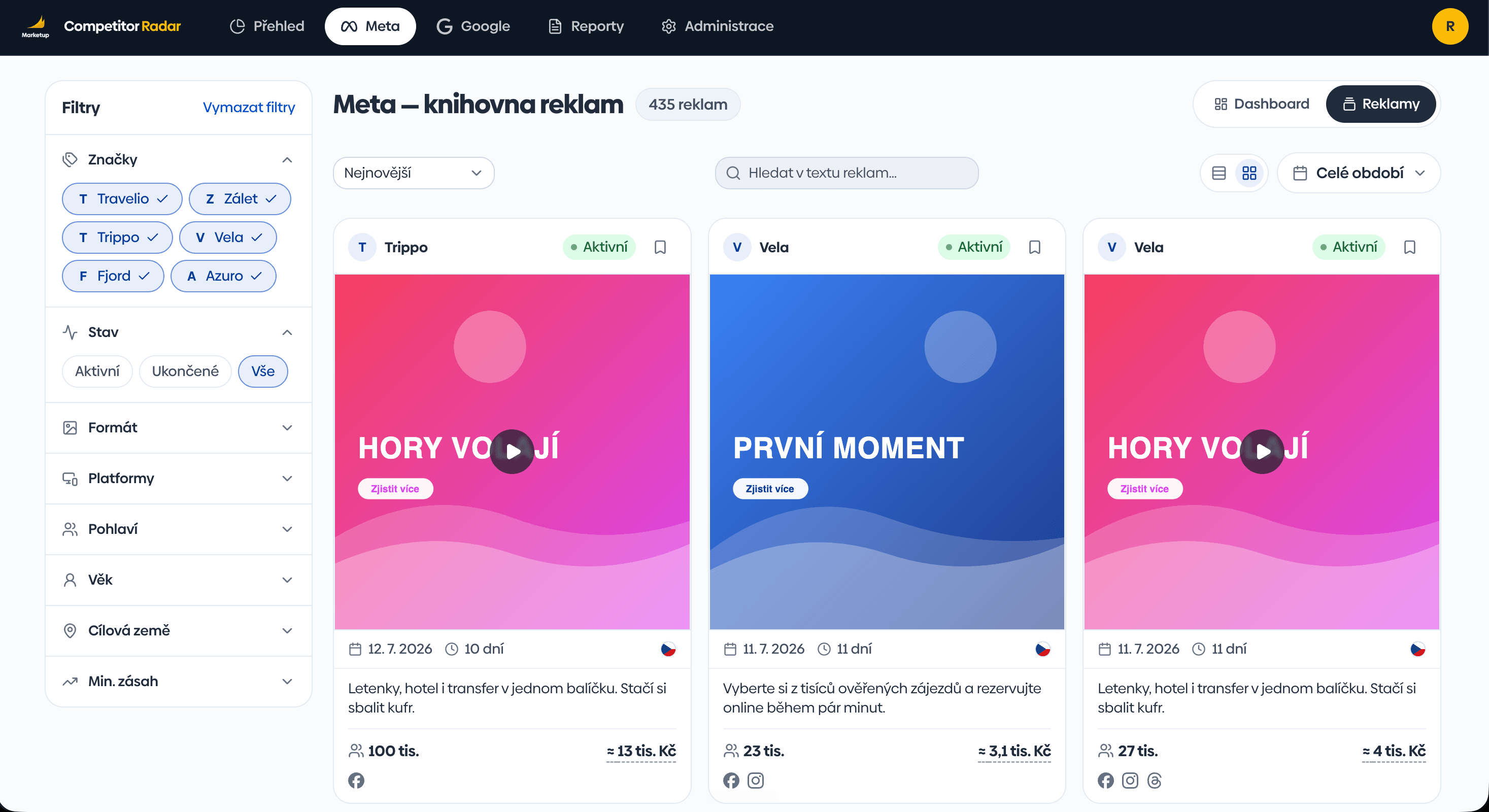 Knihovna reklam – galerie kreativ s filtry podle značky a formátu